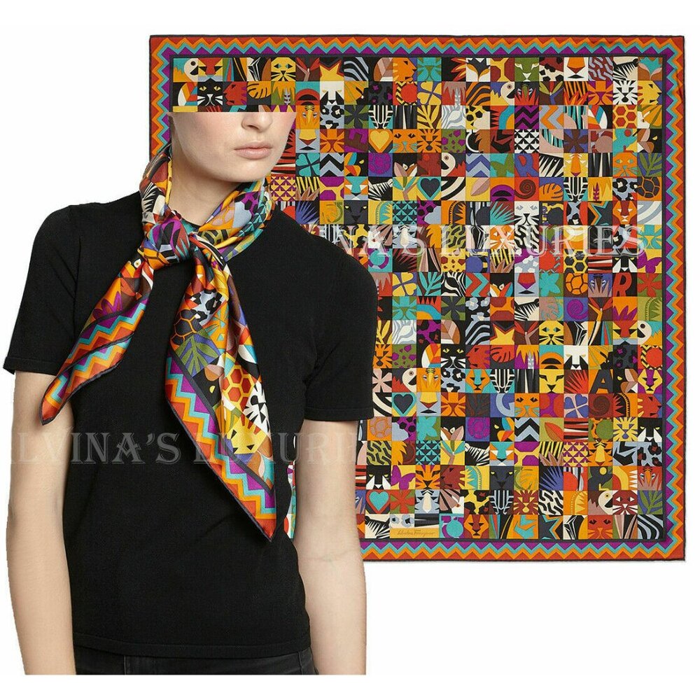 SALVATORE FERRAGAMO SCARF EXOTIC JUNGLE PATCHWORK PRINT SILK SQUARE 35"
